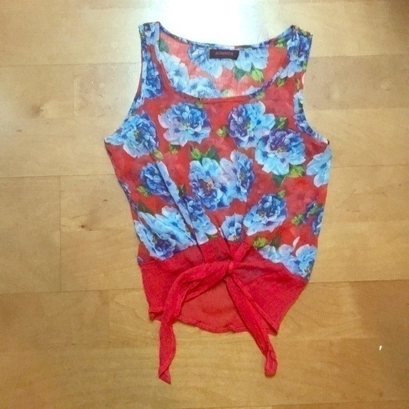 Tops - Red and blue Sheer Floral Tie Up Top small